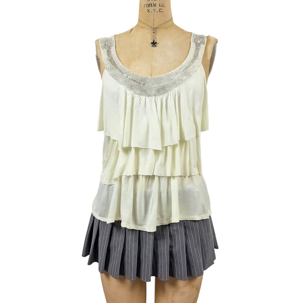 Y2K Glam Venus Cream Sequin Tiered Ruffle Tank Top McBling Romantic 2000s M‎